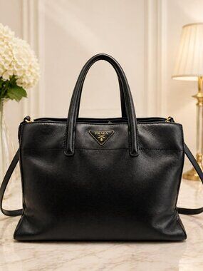 Authentic Prada Black Leather Tote Bag Crossbody Satchel Gold Hardware Large Lux